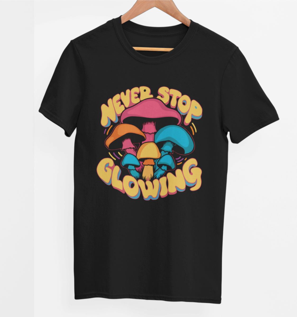 Schwarzes UNISEX T-Shirt „Never stop glowing“