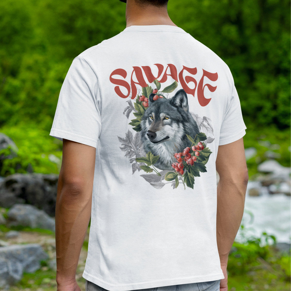 Weiße UNISEX T-Shirts mit Rückenaufdruck "Savage"